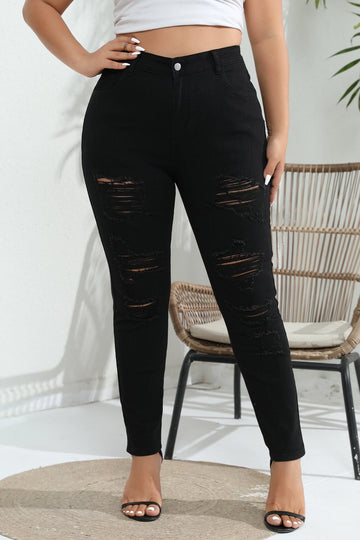 Woochic Pantalon grande taille mi-haut skinny déchiré denim stretch noir XL